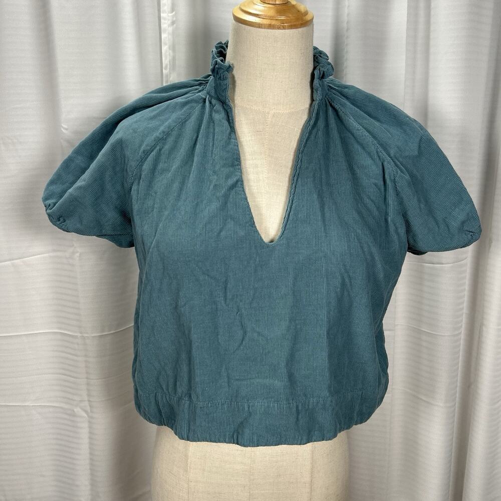 OLIVIA JAMES Elizabeth Top Corduroy Ruffle Neck Cropped Blouse SS Shirt Size XS